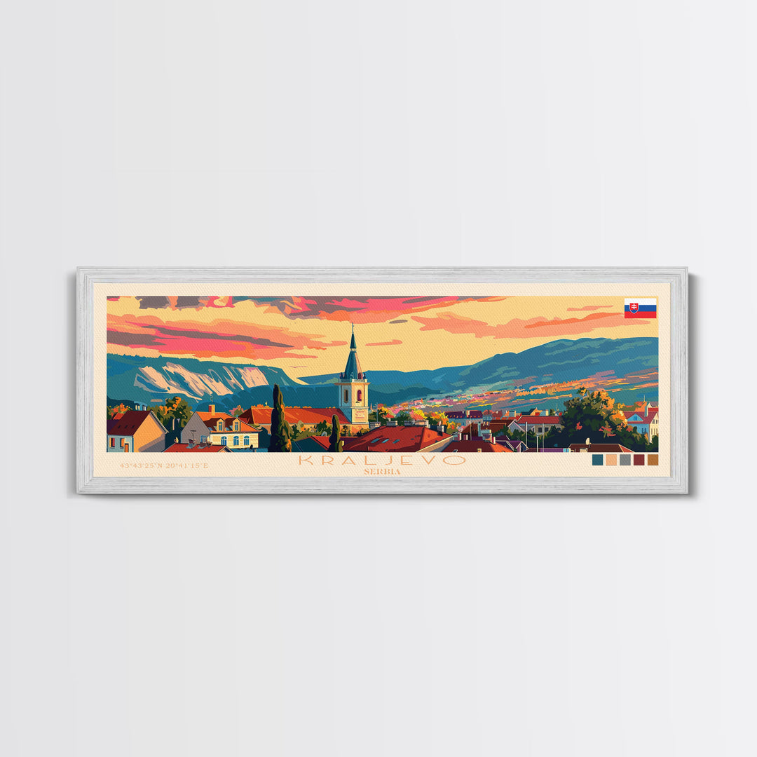 Kraljevo Serbia Panoramic Travel Poster, Framed Canvas Print or Metal Wall Art, Travel Art, Home Decor, Panoramic Painting, Midcentury Art