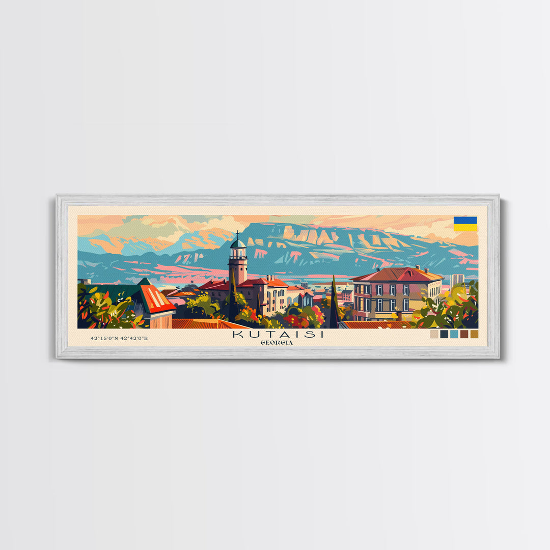 Kutaisi Georgia Panoramic Travel Poster, Framed Canvas Print or Metal Wall Art, Travel Art, Home Decor, Panoramic Painting, Midcentury Art