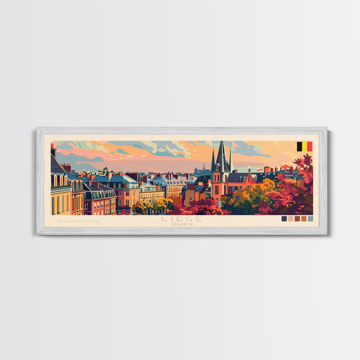 Liege Belgium Panoramic Travel Poster, Framed Canvas Print or Metal Wall Art, Travel Art, Home Decor, Panoramic Painting, Midcentury Art