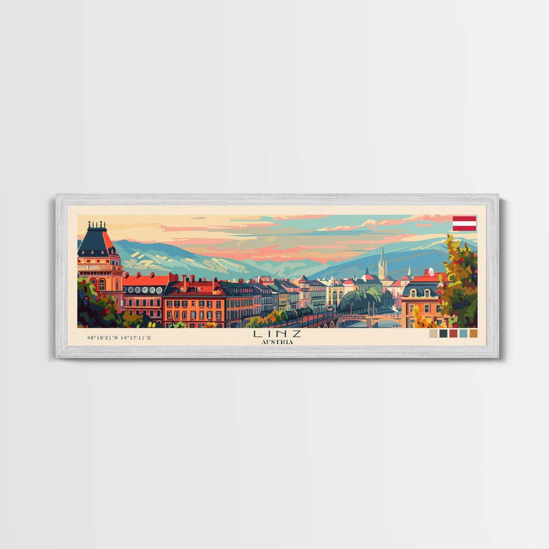 Linz Austria Panoramic Travel Poster, Framed Canvas Print or Metal Wall Art, Travel Art, Home Decor, Panoramic Painting, Midcentury Art