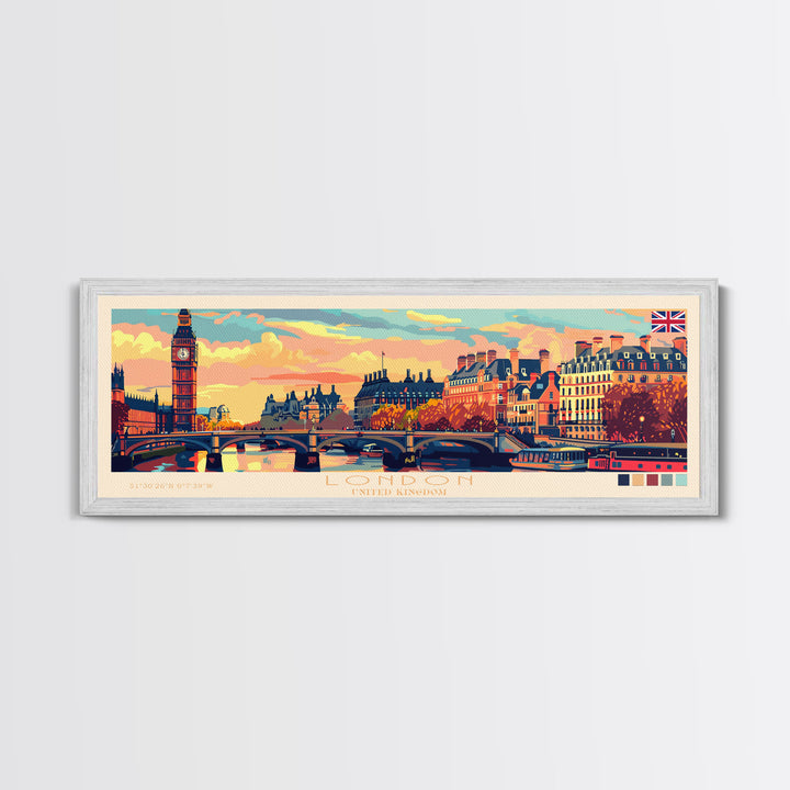 London United Kingdom Panoramic Travel Poster, Framed Canvas Print or Metal Wall Art, Travel Art, Home Decor, Panoramic Painting, Midcentury Art