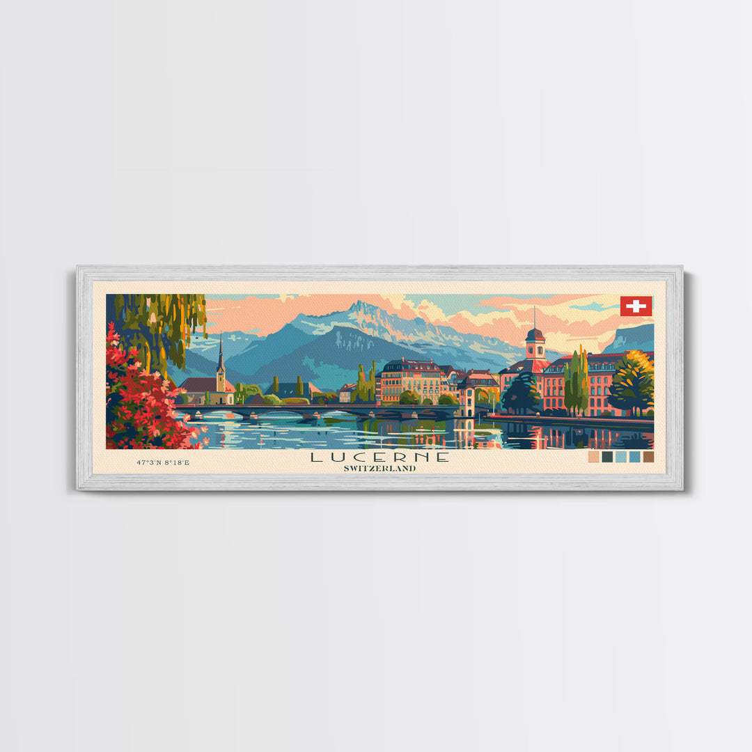 Lucerne Switzerland Travel Art, City Art, Framed Canvas Print or Metal Wall Art, Europe Travel Poster, Panoramic Wall Art, Extra Wide Wall Art