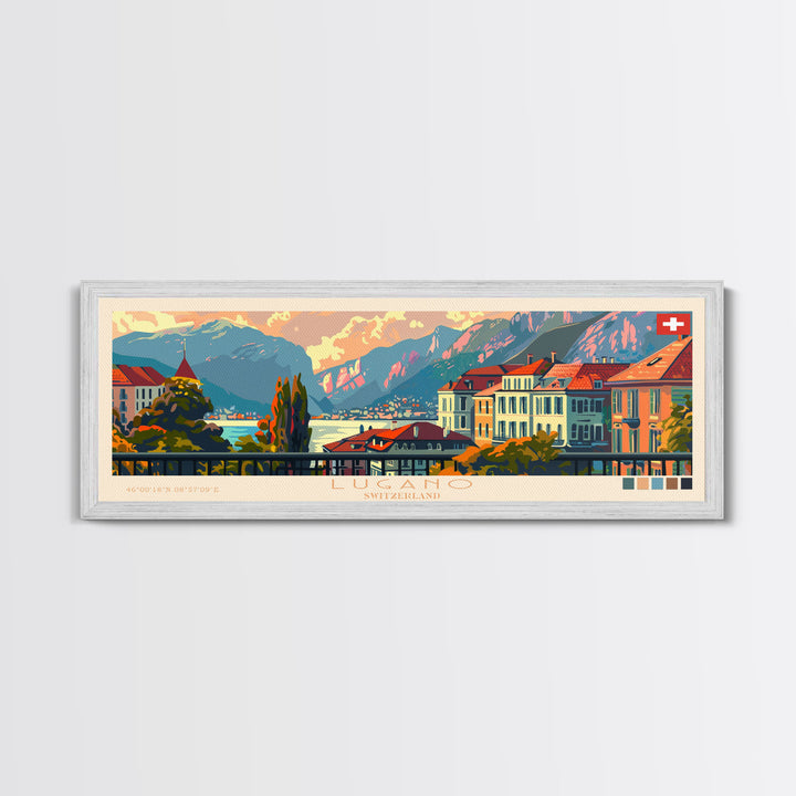 Lugano Switzerland Panoramic Travel Poster, Framed Canvas Print or Metal Wall Art, Travel Art, Home Decor, Panoramic Painting, Midcentury Art