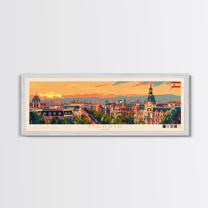 Madrid Spain Panoramic Travel Poster, Framed Canvas Print or Metal Wall Art, Travel Art, Home Decor, Panoramic Painting, Midcentury Art