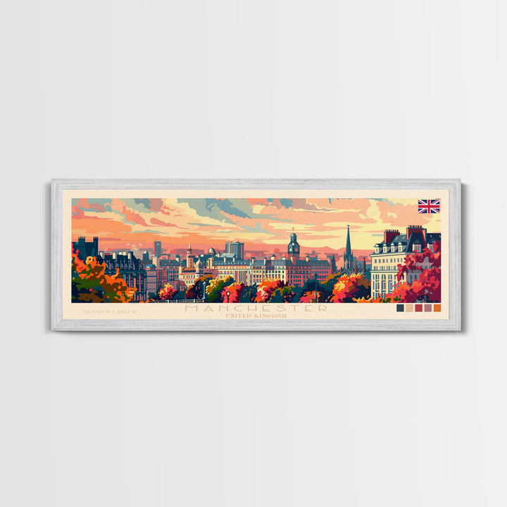 Manchester United Kingdom Panoramic Travel Poster, Framed Canvas Print or Metal Wall Art, Travel Art, Home Decor, Panoramic Painting, Midcentury Art