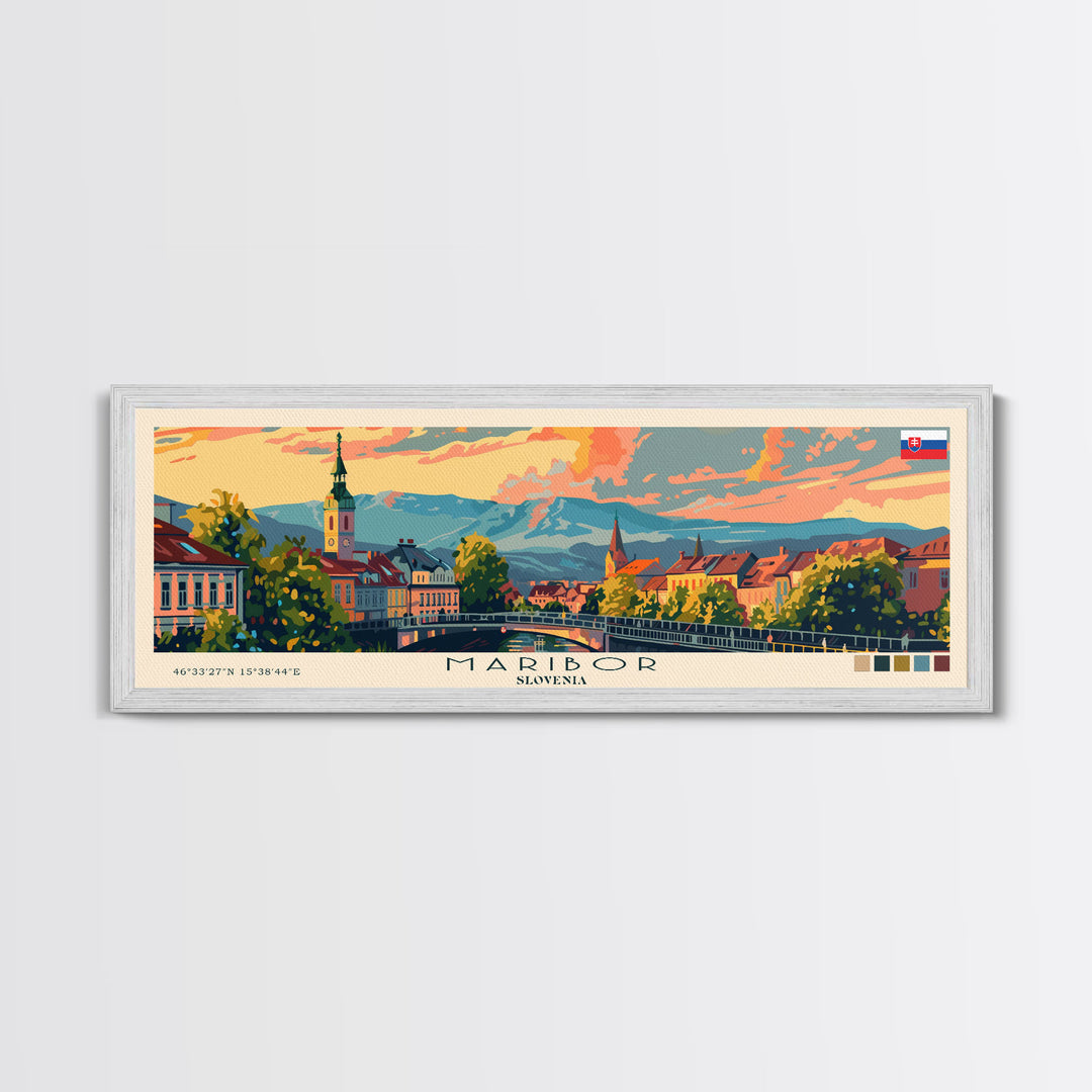 Maribor Slovenia Panoramic Travel Poster, Framed Canvas Print or Metal Wall Art, Travel Art, Home Decor, Panoramic Painting, Midcentury Art