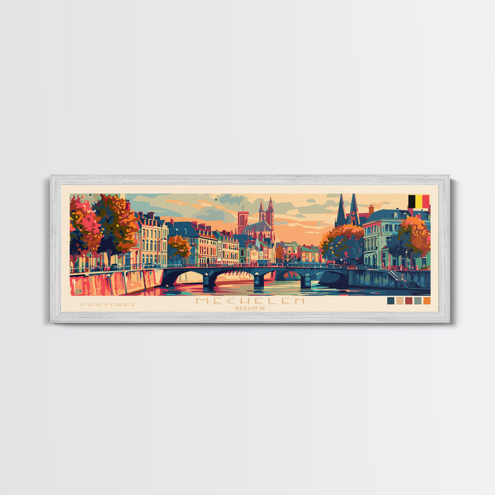 Mechelen Belgium Panoramic Travel Poster, Framed Canvas Print or Metal Wall Art, Travel Art, Home Decor, Panoramic Painting, Midcentury Art