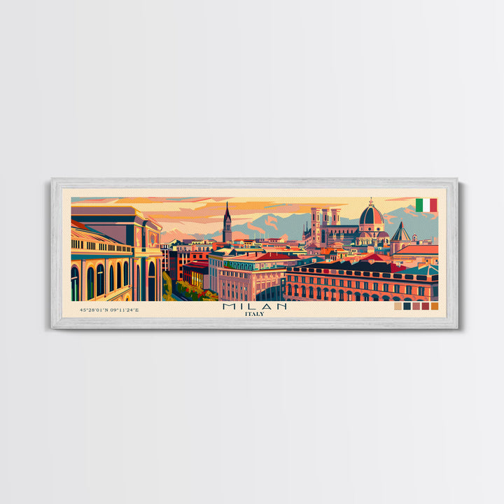 Milan Italy Panoramic Travel Poster, Framed Canvas Print or Metal Wall Art, Travel Art, Home Decor, Panoramic Painting, Midcentury Art