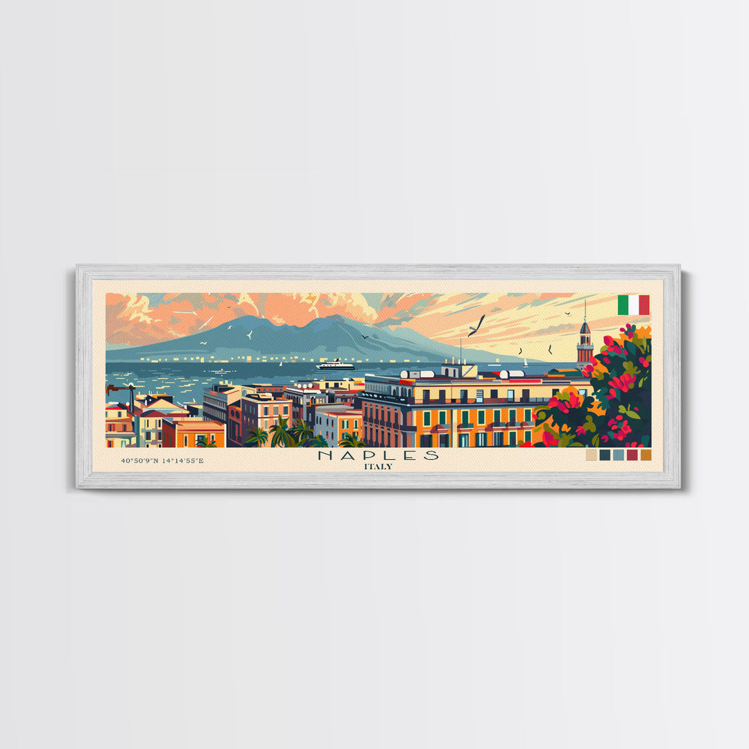 Naples Italy Travel Art, City Art, Framed Canvas Print or Metal Wall Art, Europe Travel Poster, Panoramic Wall Art, Extra Wide Wall Art