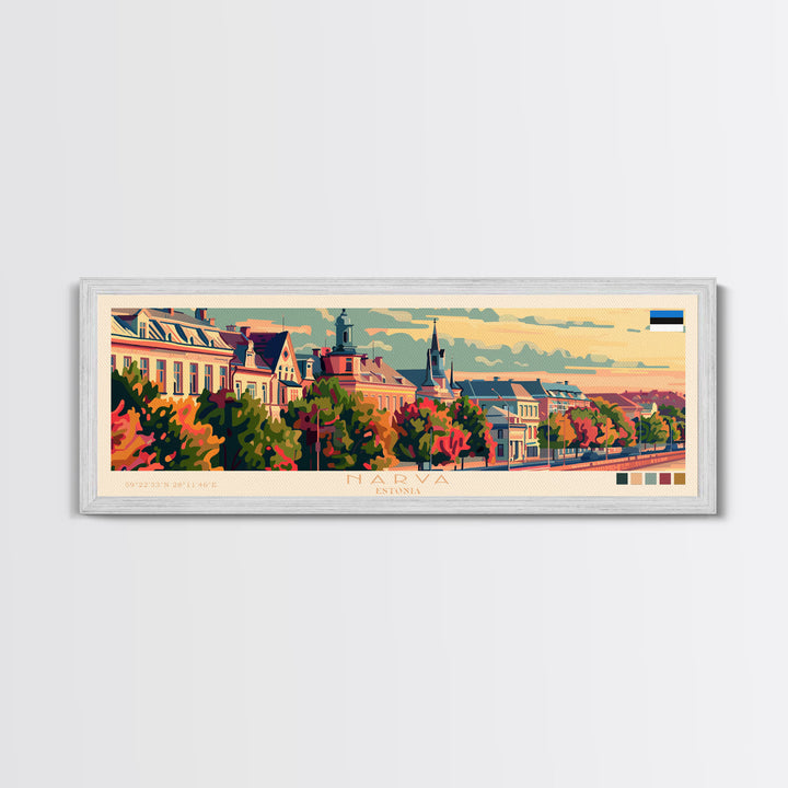 Narva Estonia Panoramic Travel Poster, Framed Canvas Print or Metal Wall Art, Travel Art, Home Decor, Panoramic Painting, Midcentury Art