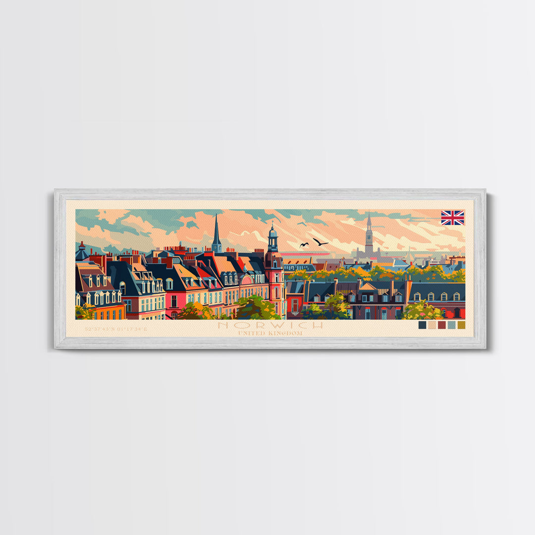 Norwich United Kingdom Panoramic Travel Poster, Framed Canvas Print or Metal Wall Art, Travel Art, Home Decor, Panoramic Painting, Midcentury Art