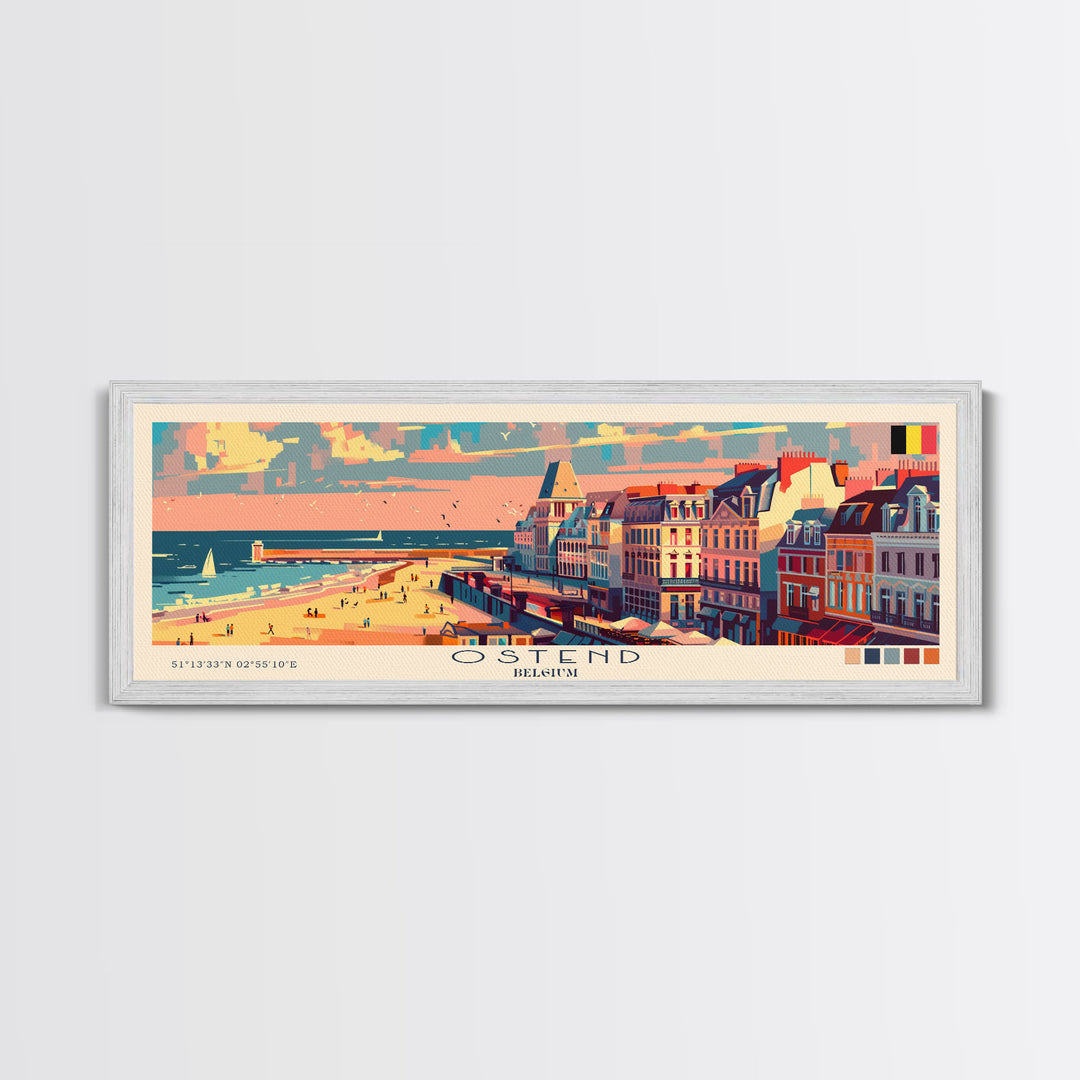 Ostend Belgium Panoramic Travel Poster, Framed Canvas Print or Metal Wall Art, Travel Art, Home Decor, Panoramic Painting, Midcentury Art