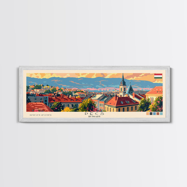 Pécs Hungary Panoramic Travel Poster, Framed Canvas Print or Metal Wall Art, Travel Art, Home Decor, Panoramic Painting, Midcentury Art