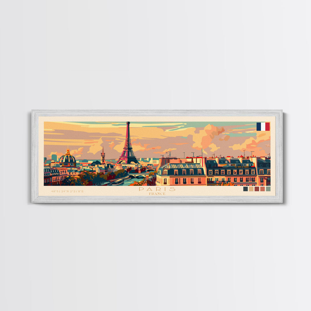 Paris France Panoramic Travel Poster, Framed Canvas Print or Metal Wall Art, Travel Art, Home Decor, Panoramic Painting, Midcentury Art