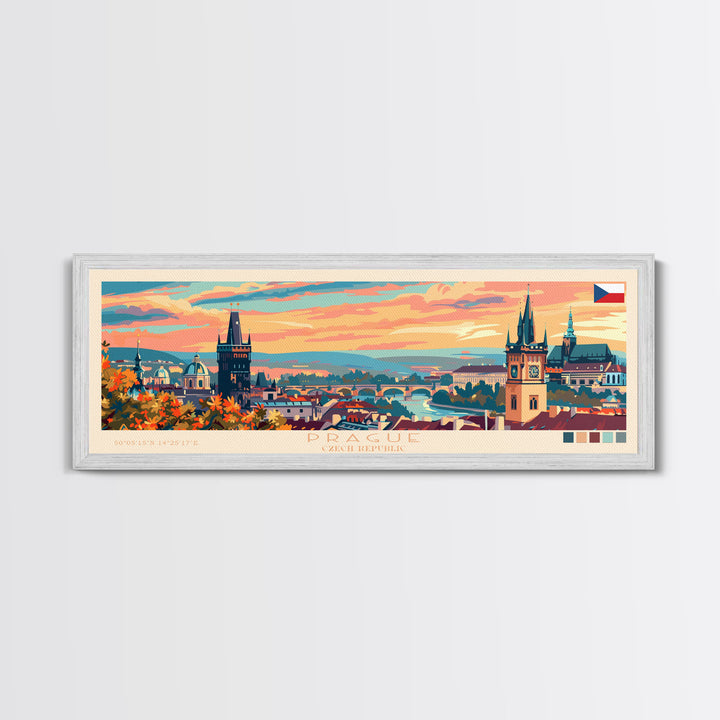 Prague Czech Republic Travel Art, City Art, Framed Canvas Print or Metal Wall Art, Europe Travel Poster, Panoramic Wall Art, Extra Wide Wall Art