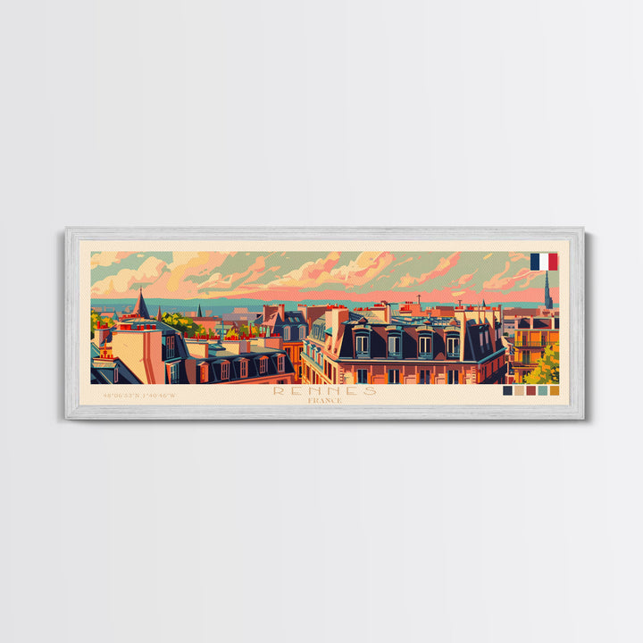 Rennes France Panoramic Travel Poster, Framed Canvas Print or Metal Wall Art, Travel Art, Home Decor, Panoramic Painting, Midcentury Art