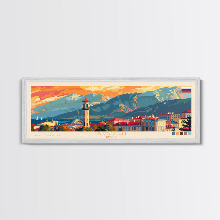 Sochi Russia Panoramic Travel Poster, Framed Canvas Print or Metal Wall Art, Travel Art, Home Decor, Panoramic Painting, Midcentury Art