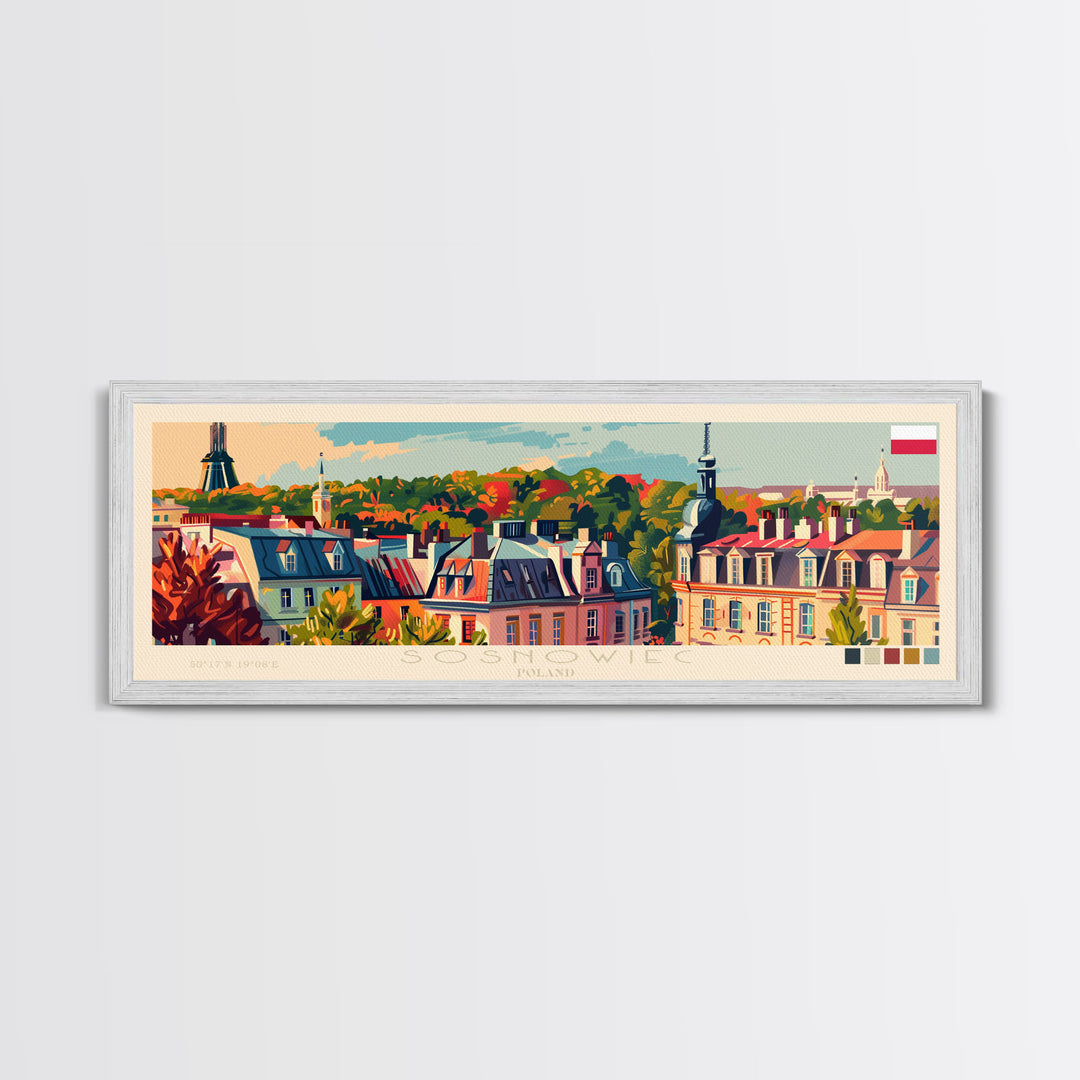 Sosnowiec Poland Panoramic Travel Poster, Framed Canvas Print or Metal Wall Art, Travel Art, Home Decor, Panoramic Painting, Midcentury Art