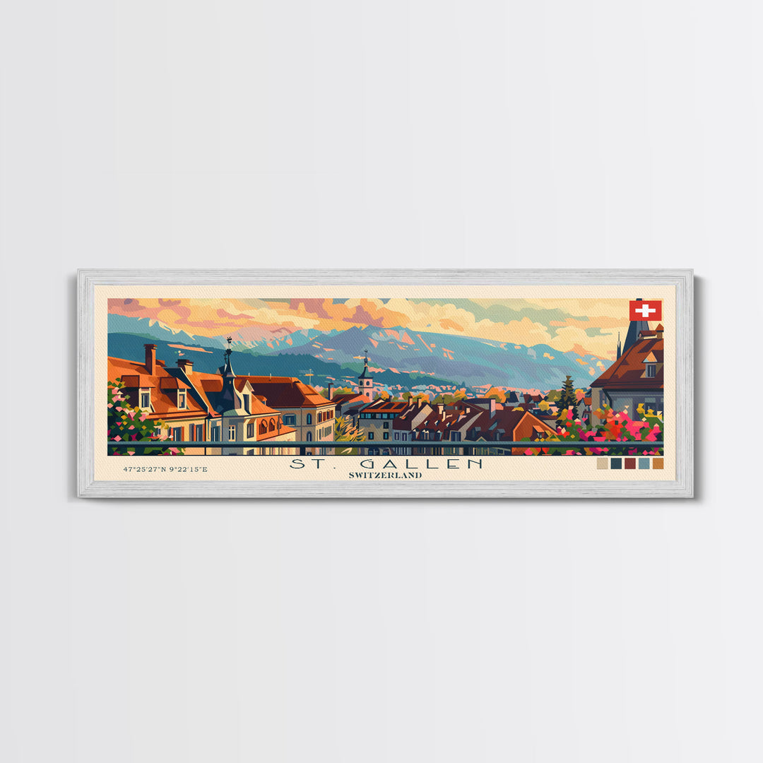 St. Gallen Switzerland Panoramic Travel Poster, Framed Canvas Print or Metal Wall Art, Travel Art, Home Decor, Panoramic Painting, Midcentury Art