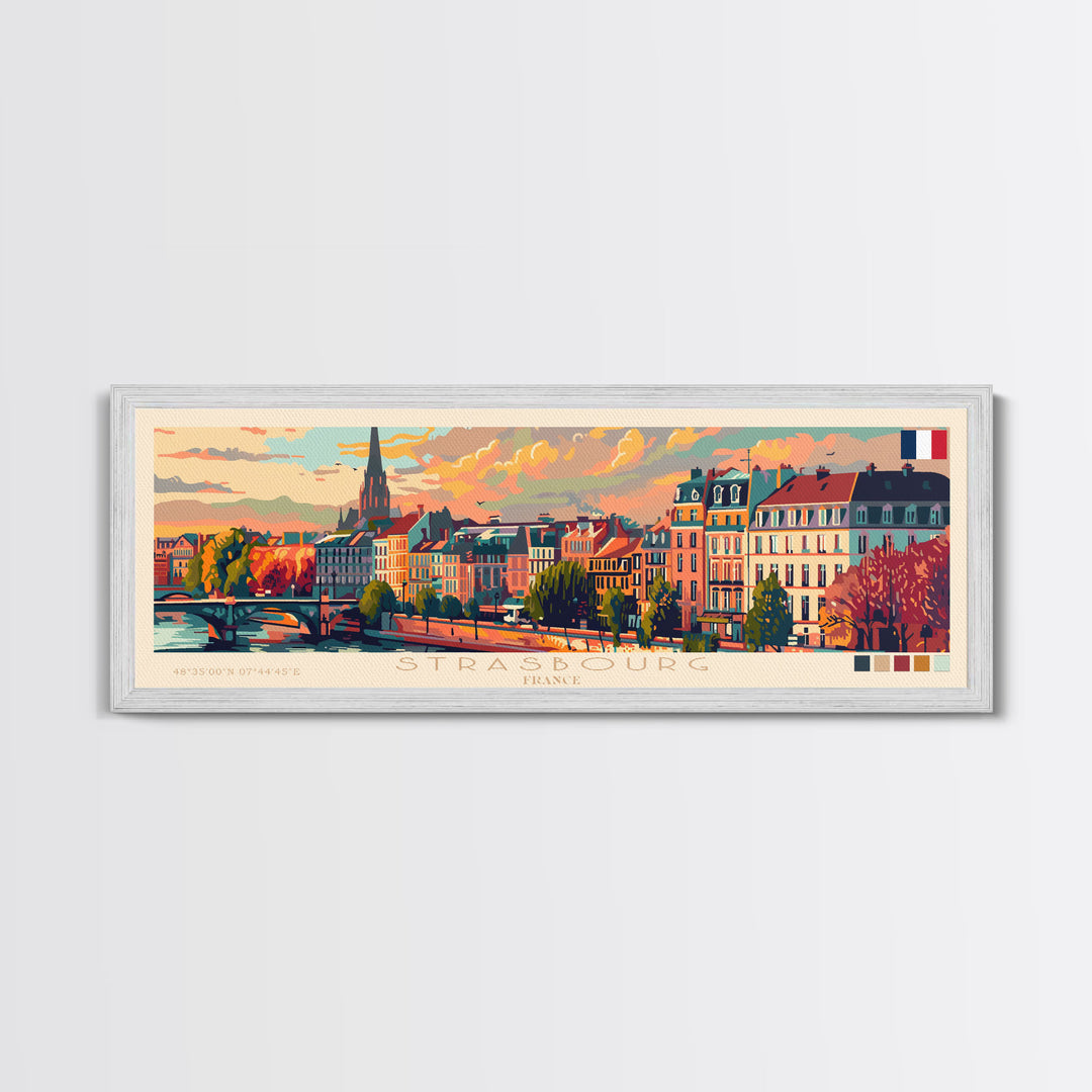 Strasbourg France Panoramic Travel Poster, Framed Canvas Print or Metal Wall Art, Travel Art, Home Decor, Panoramic Painting, Midcentury Art