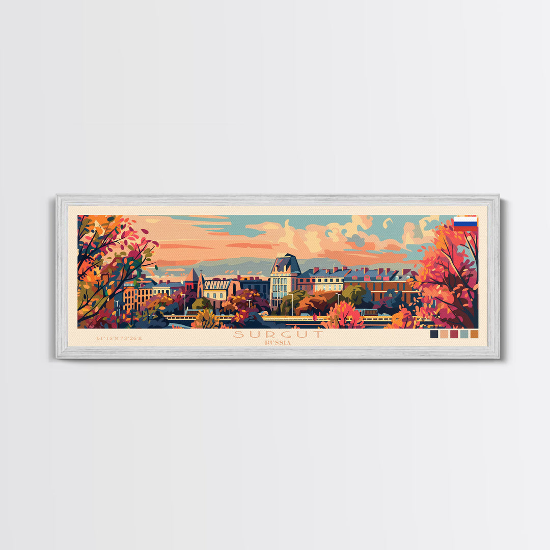 Surgut Russia Panoramic Travel Poster, Framed Canvas Print or Metal Wall Art, Travel Art, Home Decor, Panoramic Painting, Midcentury Art