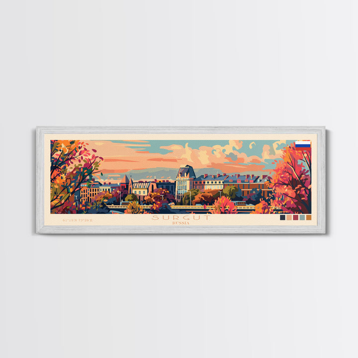 Surgut Russia Panoramic Travel Poster, Framed Canvas Print or Metal Wall Art, Travel Art, Home Decor, Panoramic Painting, Midcentury Art