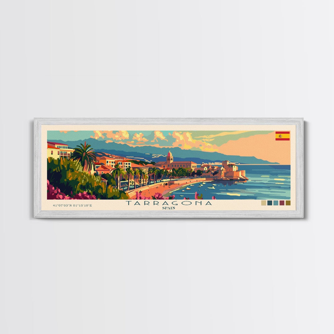 Tarragona Spain Panoramic Travel Poster, Framed Canvas Print or Metal Wall Art, Travel Art, Home Decor, Panoramic Painting, Midcentury Art