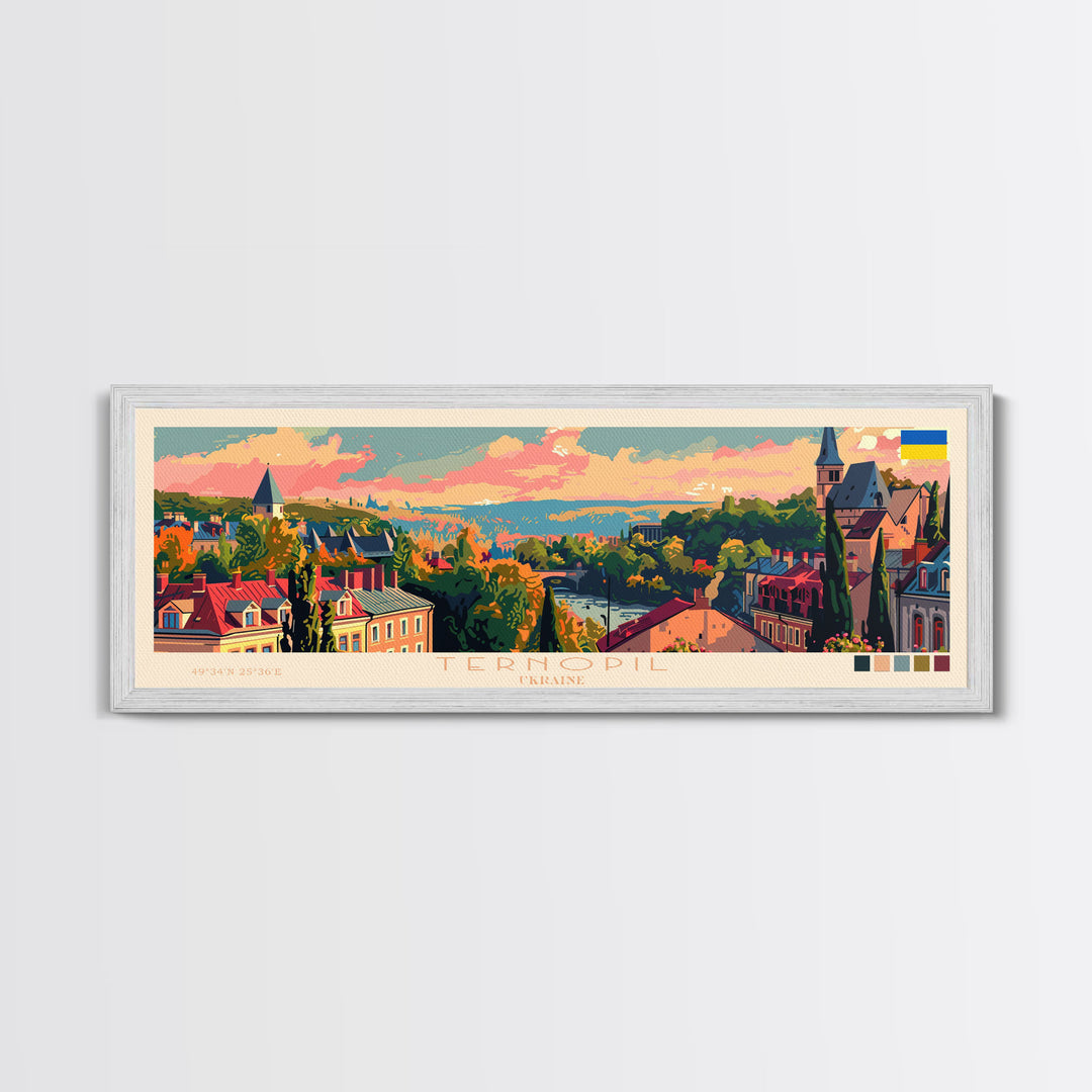 Ternopil Ukraine Panoramic Travel Poster, Framed Canvas Print or Metal Wall Art, Travel Art, Home Decor, Panoramic Painting, Midcentury Art