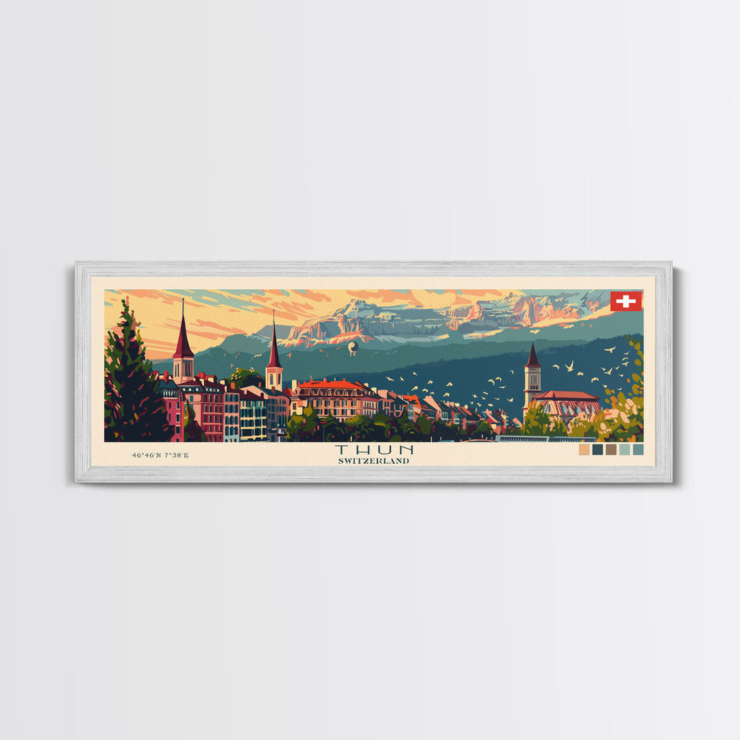 Thun Switzerland Panoramic Travel Poster, Framed Canvas Print or Metal Wall Art, Travel Art, Home Decor, Panoramic Painting, Midcentury Art