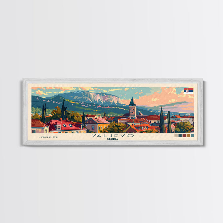 Valjevo Serbia Panoramic Travel Poster, Framed Canvas Print or Metal Wall Art, Travel Art, Home Decor, Panoramic Painting, Midcentury Art