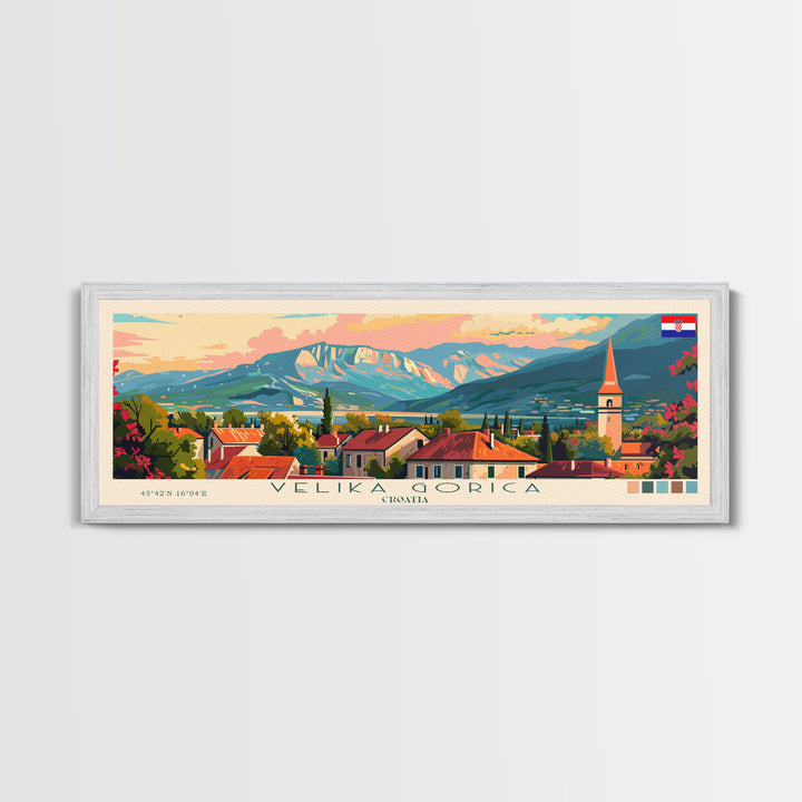 Velika Gorica Croatia Panoramic Travel Poster, Framed Canvas Print or Metal Wall Art, Travel Art, Home Decor, Panoramic Painting, Midcentury Art