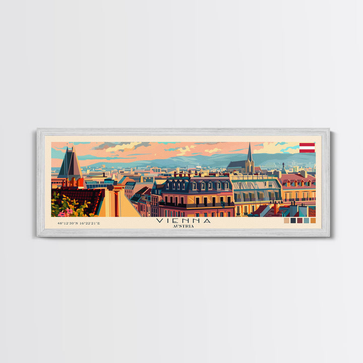 Vienna Austria Panoramic Travel Poster, Framed Canvas Print or Metal Wall Art, Travel Art, Home Decor, Panoramic Painting, Midcentury Art