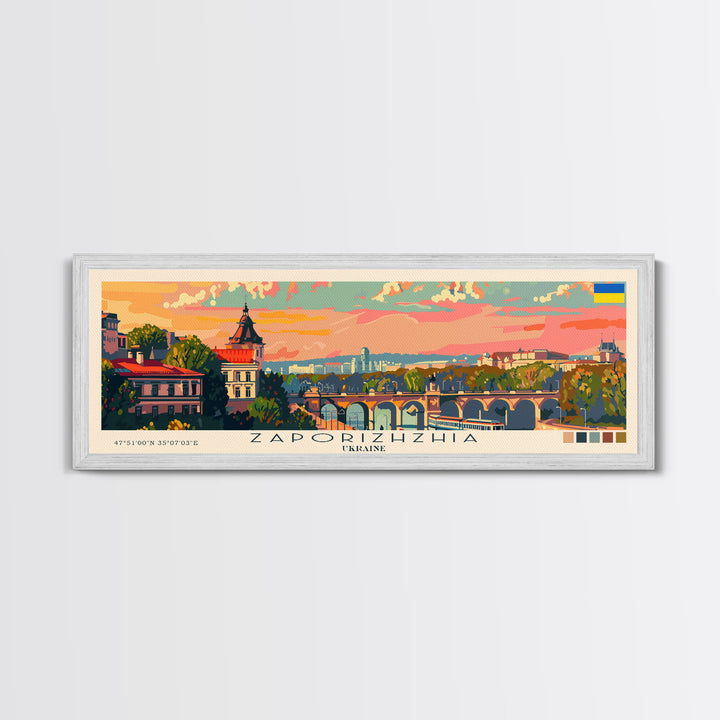 Zaporizhzhia Ukraine Panoramic Travel Poster, Framed Canvas Print or Metal Wall Art, Travel Art, Home Decor, Panoramic Painting, Midcentury Art