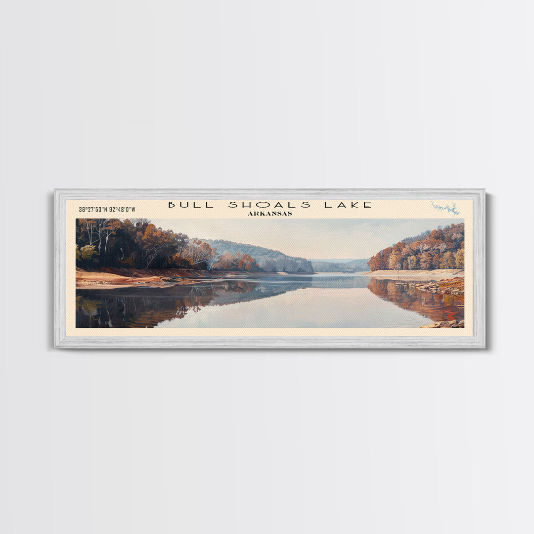 Bull Shoals Lake Arkansas Framed Canvas Print, Lake House Art, Panoramic Wall Art, Travel Poster, Rustic Lake Painting, Home Decor