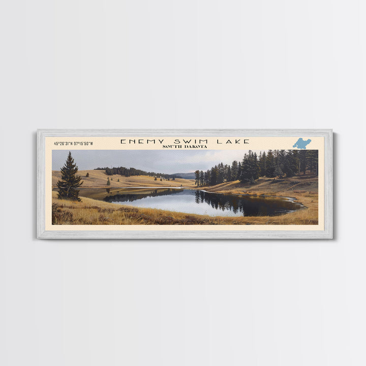 Enemy Swim Lake South Dakota Framed Canvas Print, Lake House Decor, Panoramic Wall Art, Travel Poster, Rustic Lake Painting, Home Decor