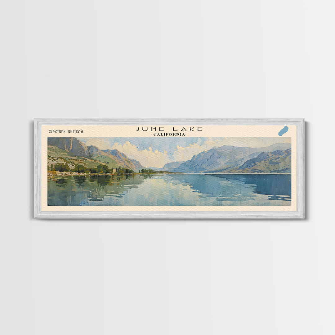 June Lake California Framed Canvas Print, Panoramic Lake House Decor, Wall Art, Travel Poster, Peaceful Lake Painting, Nature Art