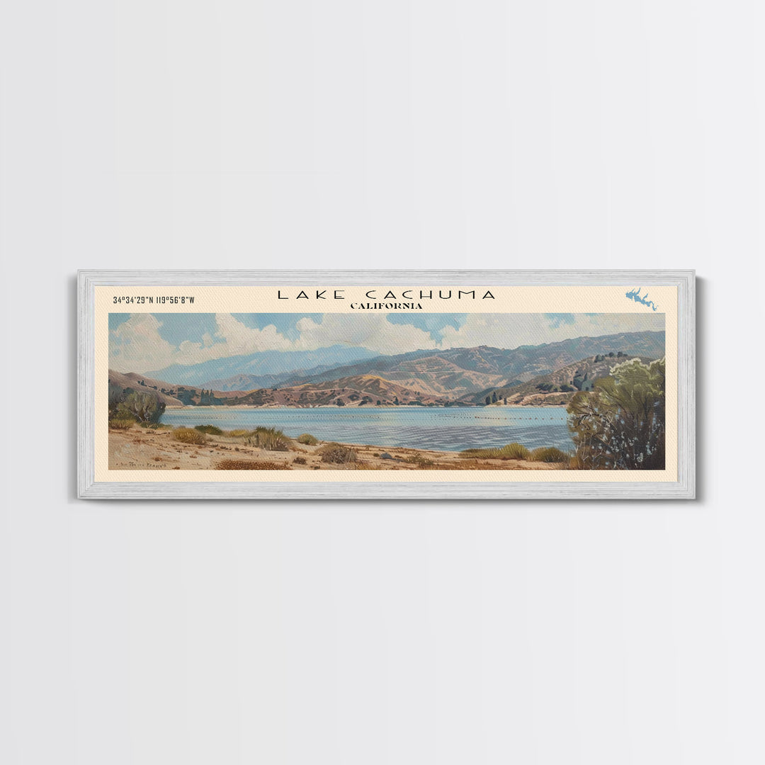 Lake Cachuma California Framed Canvas Print, Panoramic Lake House Decor, Wall Art, Travel Poster, Captivating Lake Painting, Nature Art