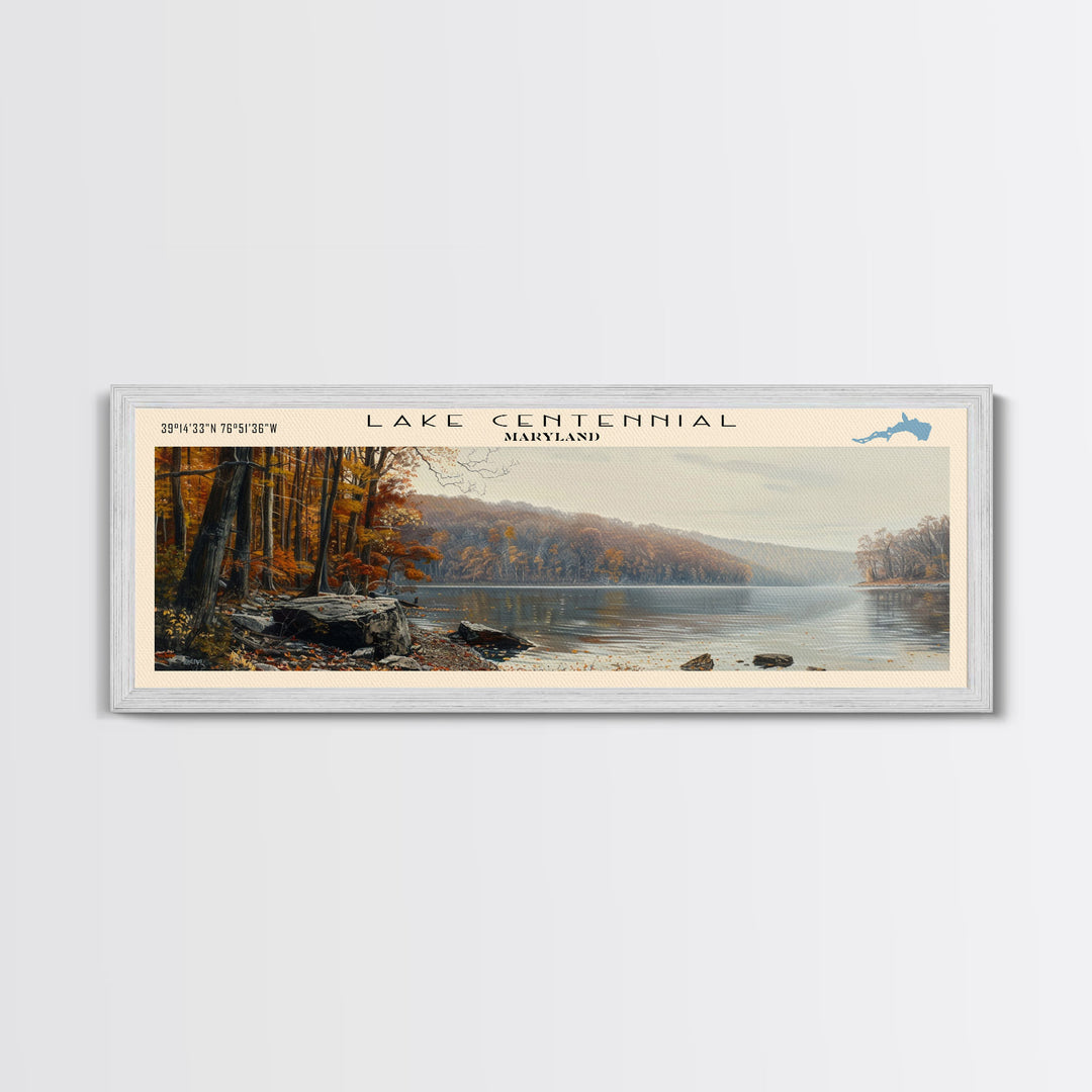 Lake Centennial Maryland Framed Canvas Print, Panoramic Lake House Decor, Wall Art, Travel Poster, Serene Lake Painting, Nature Art