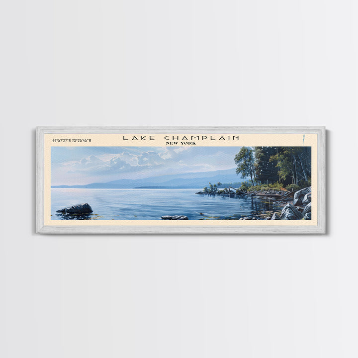 Lake Champlain Framed Canvas Print, Lake House Art, Panoramic Wall Art, Travel Poster, Captivating Lake Painting, Home Decor