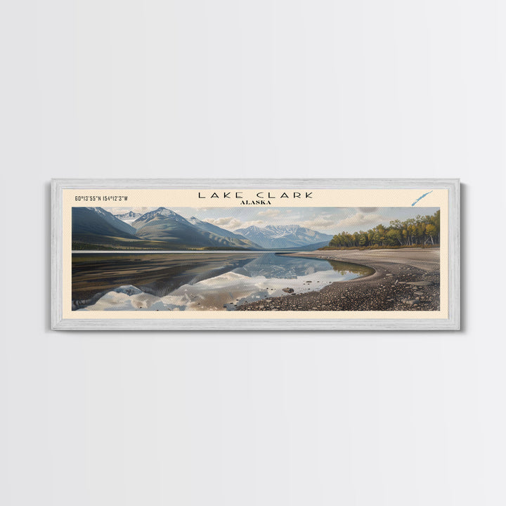 Lake Clark Framed Canvas Print, Lake House Decor, Panoramic Wall Art, Travel Poster, Scenic Lake Painting, Nature Art