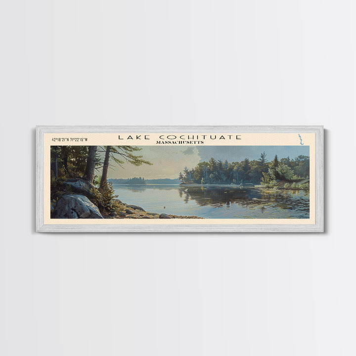 Lake Cochituate Massachusetts Framed Canvas Print, Lake House Decor, Panoramic Wall Art, Travel Poster, Beautiful Lake Painting, Nature Art