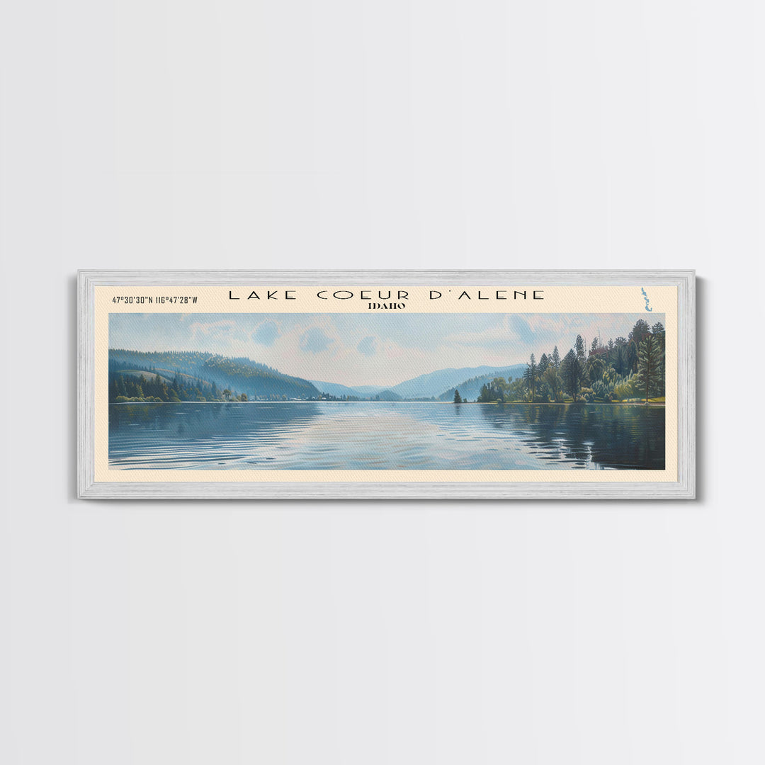 Lake Coeur d'Alene Idaho Framed Canvas Print, Lake House Decor, Panoramic Wall Art, Travel Poster, Scenic Lake Painting, Home Art