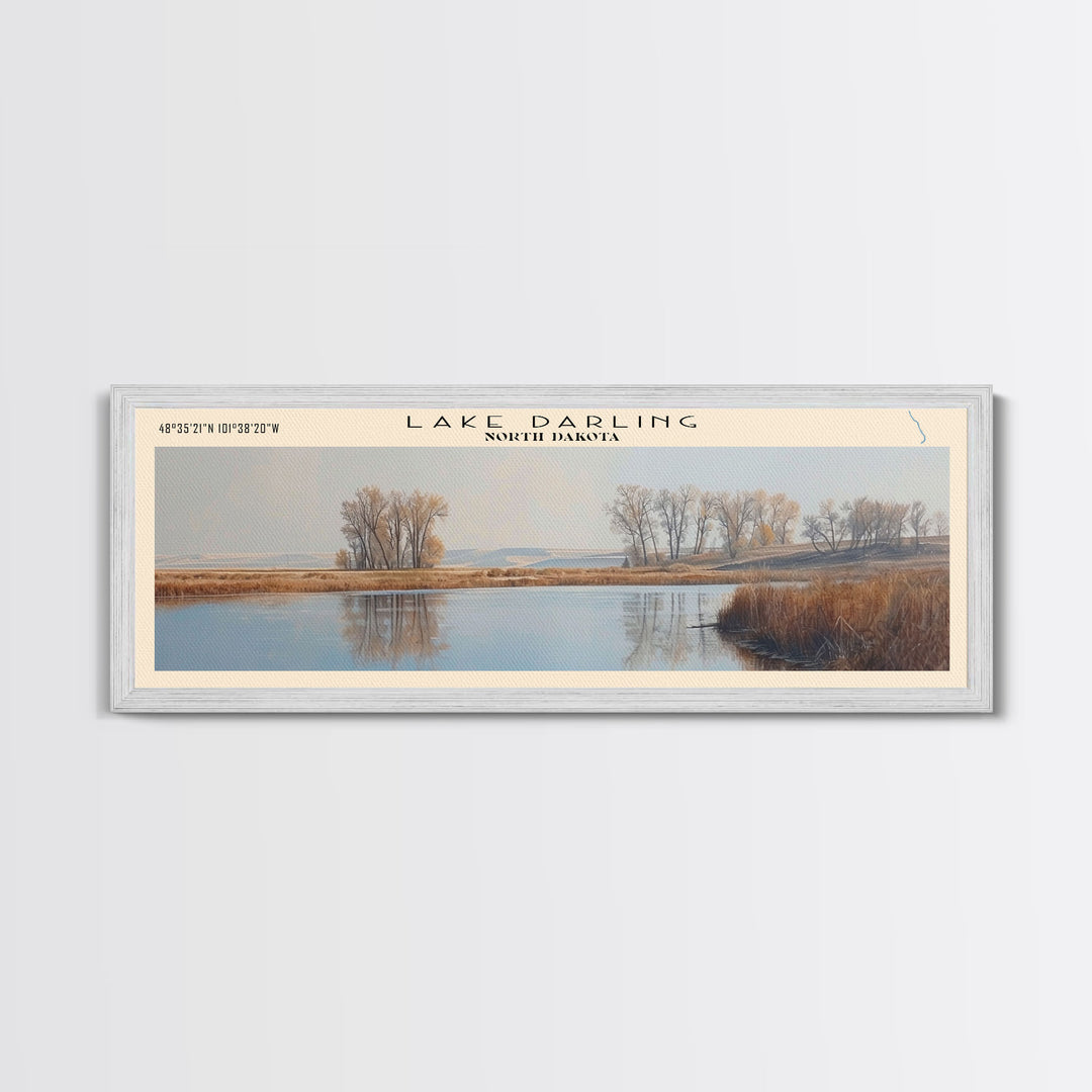 Lake Darling North Dakota Framed Canvas Print, Lake House Decor, Panoramic Wall Art, Travel Poster, Serene Lake Painting, Home Art