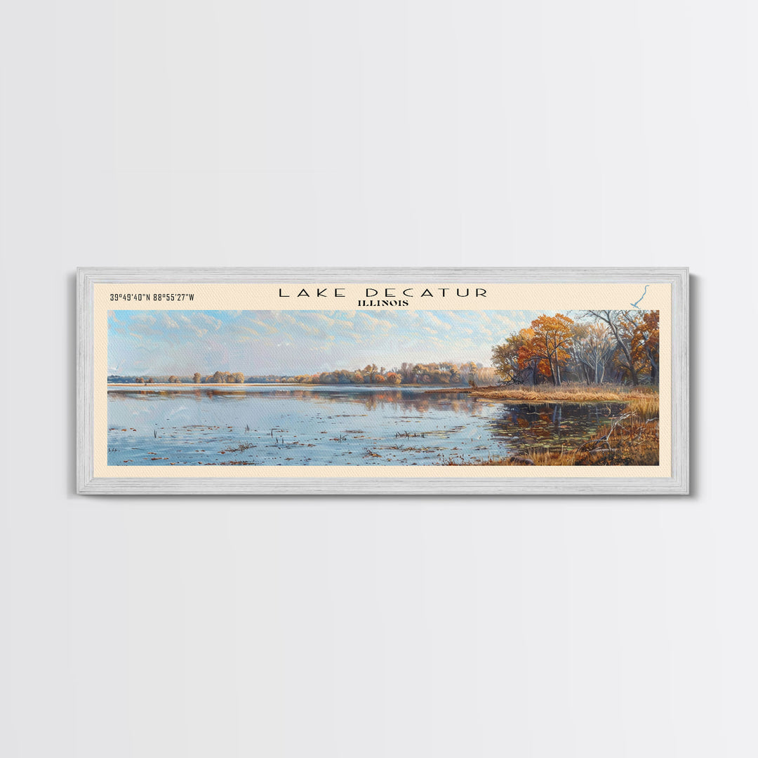 Lake Decatur Illinois Framed Canvas Print, Lake House Decor, Panoramic Wall Art, Travel Poster, Beautiful Lake Painting, Nature Art