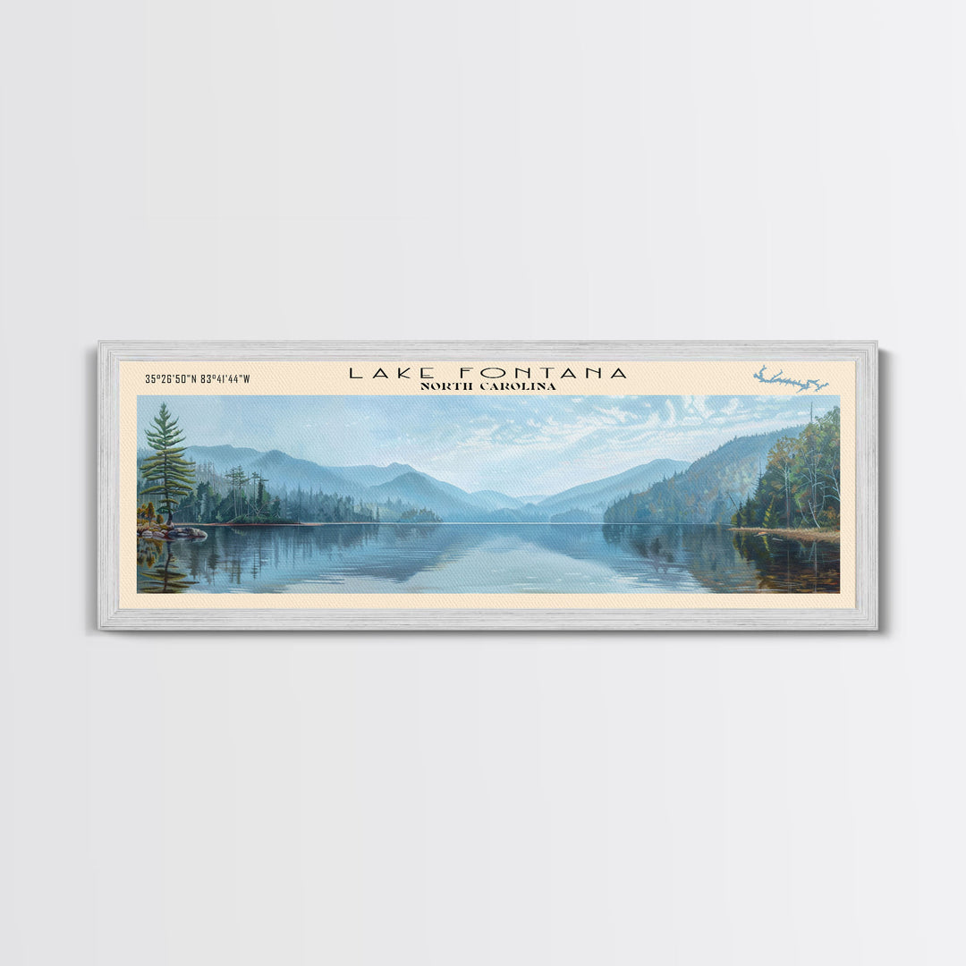 Lake Fontana North Carolina Framed Canvas Print, Lake House Decor, Panoramic Wall Art, Travel Poster, Beautiful Lake Painting, Home Art