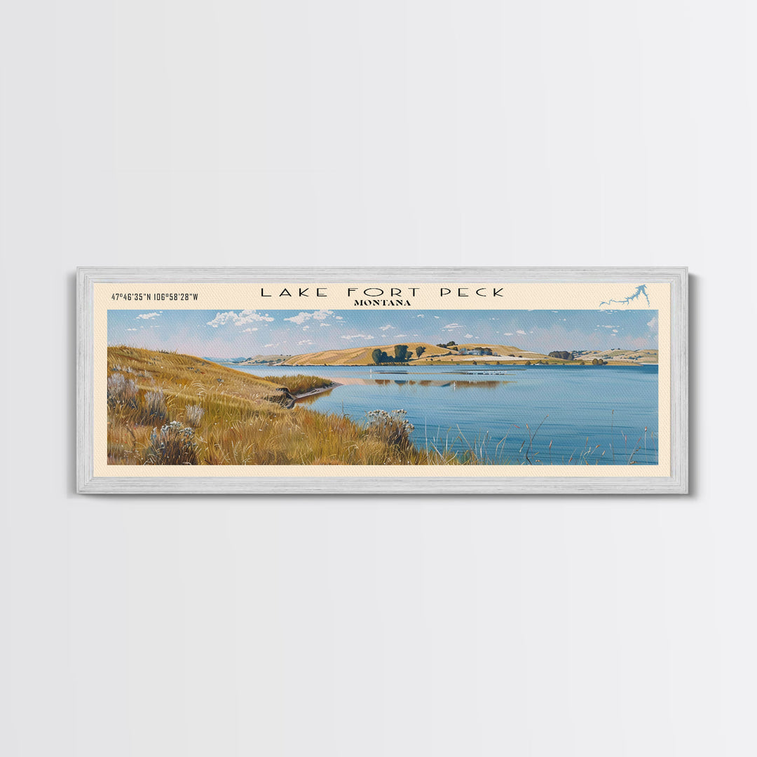 Lake Fort Peck Framed Canvas Print, Lake House Decor, Panoramic Wall Art, Travel Poster, Scenic Lake Painting, Nature Art