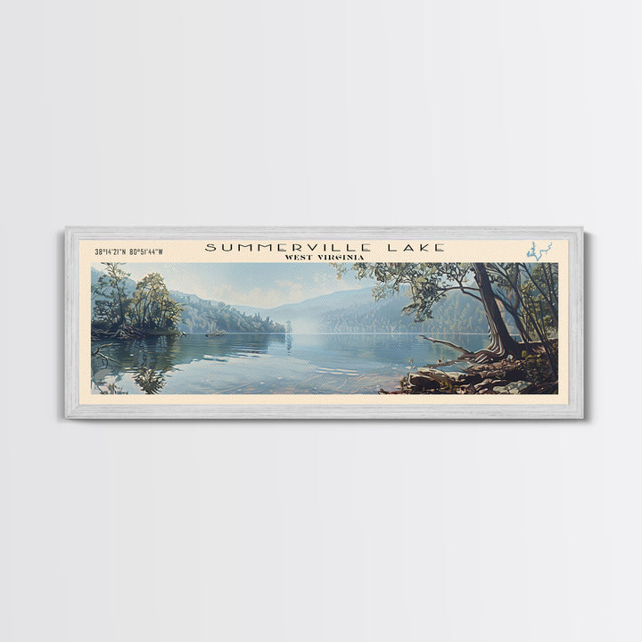 Summerville Lake West Virginia Panoramic Wall Art, Framed Canvas Print, Lake House Decor, Travel Poster, Scenic Lake Painting, Living Room Decor