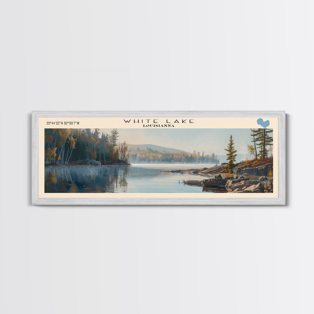 White Lake Panoramic Wall Art, Framed Canvas Print, Lake House Decor, Travel Poster, Scenic Lake Scene, Living Room Art