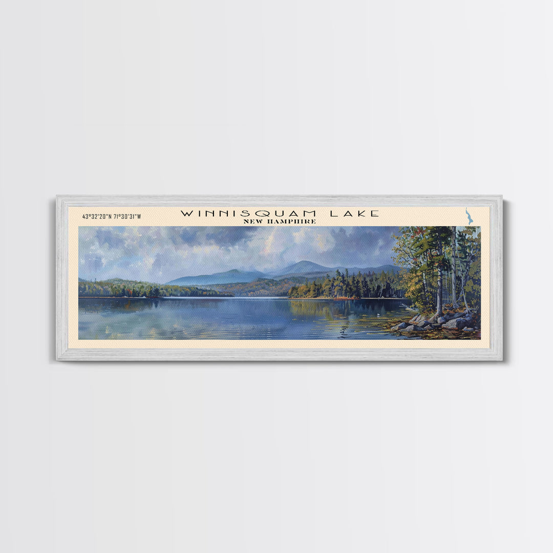 Winnisquam Lake New Hampshire Panoramic Wall Art, Framed Canvas Print, Lake House Decor, Travel Poster, Beautiful Lake Scene, Living Room Art