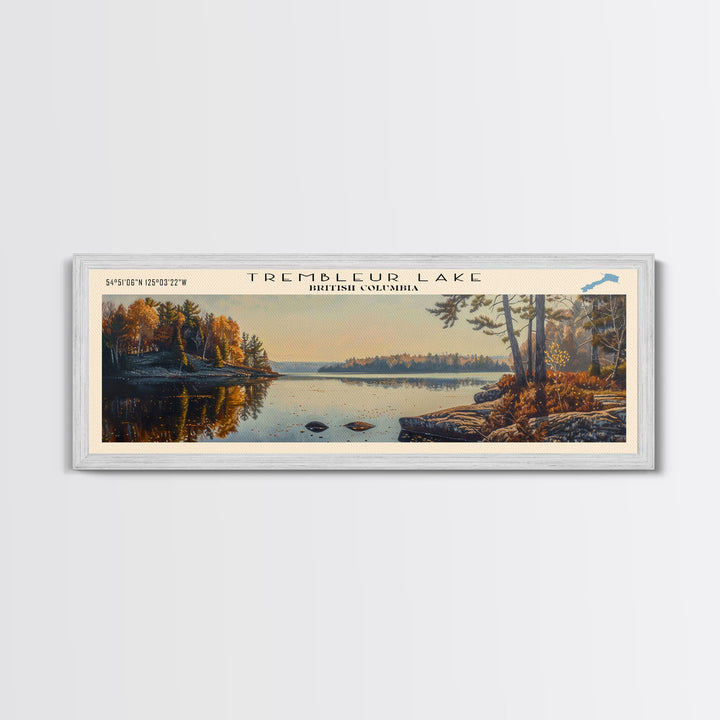 Trembleur Lake Panoramic Wall Art, Framed Canvas Print, Lake House Decor, Travel Poster, Scenic Lake Scene, Living Room Art